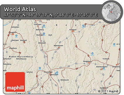 Shaded Relief Map of the Area around 48° 5' 50" N, 10° 16' 30" E