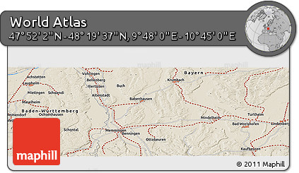 Shaded Relief Panoramic Map of the Area around 48° 5' 50" N, 10° 16' 30" E