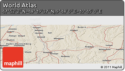 Shaded Relief Panoramic Map of the Area around 48° 5' 50" N, 10° 16' 30" E