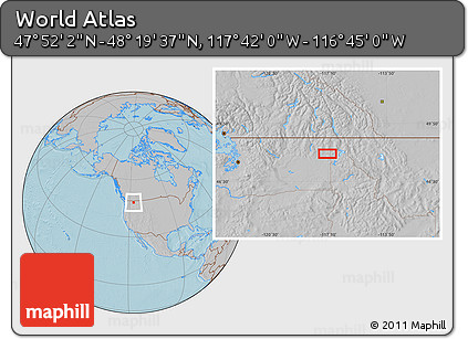 Gray Location Map of the Area around 48° 5' 50" N, 117° 13' 29" W, hill shading