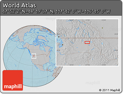 Gray Location Map of the Area around 48° 5' 50" N, 117° 13' 29" W, hill shading