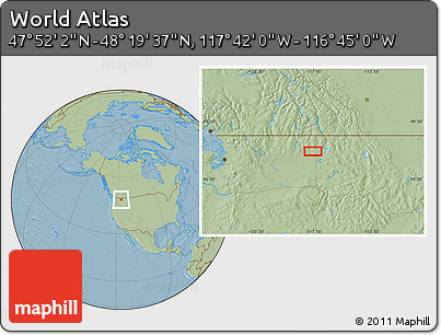 Savanna Style Location Map of the Area around 48° 5' 50" N, 117° 13' 29" W, hill shading