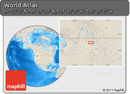 Shaded Relief Location Map of the Area around 48° 5' 50" N, 117° 13' 29" W