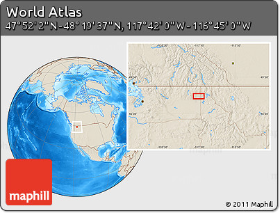 Shaded Relief Location Map of the Area around 48° 5' 50" N, 117° 13' 29" W