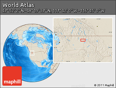 Shaded Relief Location Map of the Area around 48° 5' 50" N, 117° 13' 29" W