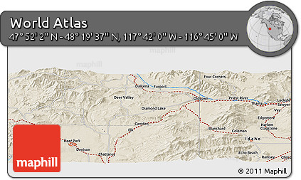 Shaded Relief Panoramic Map of the Area around 48° 5' 50" N, 117° 13' 29" W