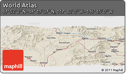 Shaded Relief Panoramic Map of the Area around 48° 5' 50" N, 117° 13' 29" W