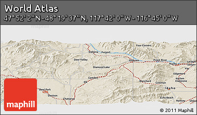 Shaded Relief Panoramic Map of the Area around 48° 5' 50" N, 117° 13' 29" W