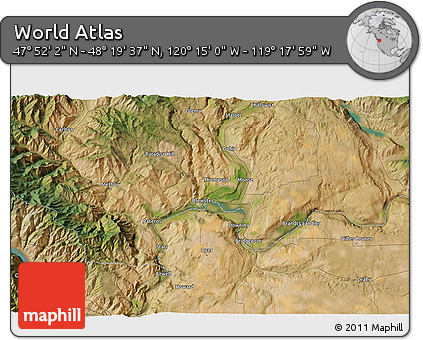 Satellite 3D Map of the Area around 48° 5' 50" N, 119° 46' 30" W