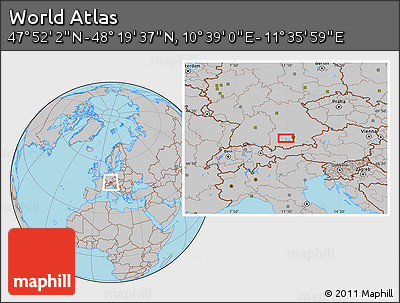 Gray Location Map of the Area around 48° 5' 50" N, 11° 7' 30" E