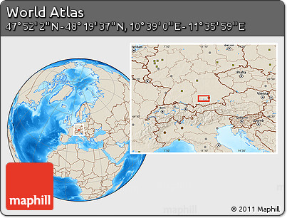 Shaded Relief Location Map of the Area around 48° 5' 50" N, 11° 7' 30" E