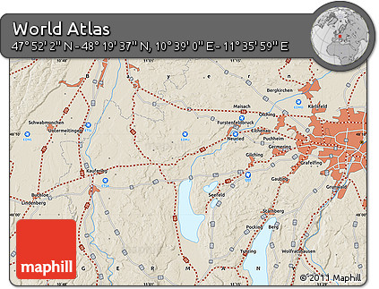 Shaded Relief Map of the Area around 48° 5' 50" N, 11° 7' 30" E