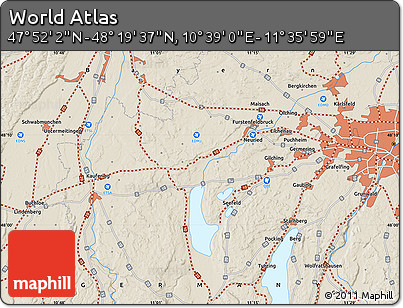Shaded Relief Map of the Area around 48° 5' 50" N, 11° 7' 30" E