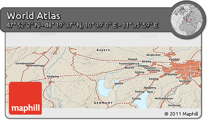 Shaded Relief Panoramic Map of the Area around 48° 5' 50" N, 11° 7' 30" E