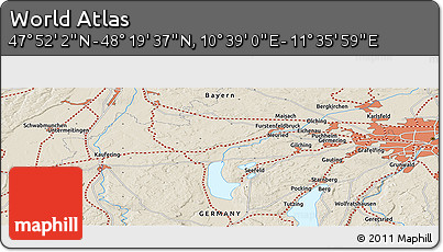 Shaded Relief Panoramic Map of the Area around 48° 5' 50" N, 11° 7' 30" E