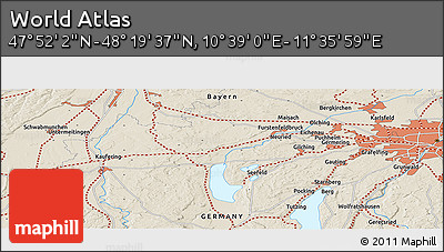 Shaded Relief Panoramic Map of the Area around 48° 5' 50" N, 11° 7' 30" E