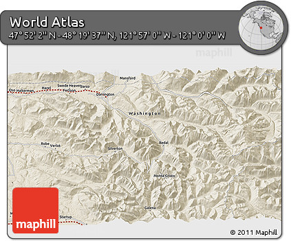 Shaded Relief 3D Map of the Area around 48° 5' 50" N, 121° 28' 29" W