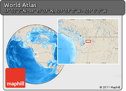 Shaded Relief Location Map of the Area around 48° 5' 50" N, 121° 28' 29" W