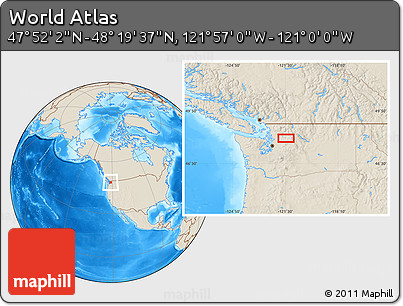 Shaded Relief Location Map of the Area around 48° 5' 50" N, 121° 28' 29" W
