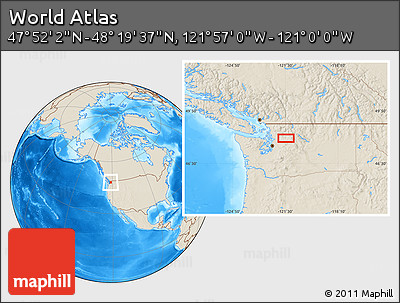 Shaded Relief Location Map of the Area around 48° 5' 50" N, 121° 28' 29" W
