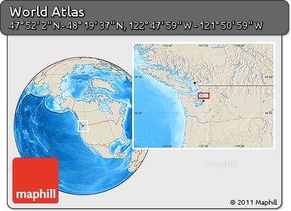 Shaded Relief Location Map of the Area around 48° 5' 50" N, 122° 19' 29" W