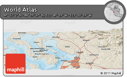 Shaded Relief Panoramic Map of the Area around 48° 5' 50" N, 122° 19' 29" W