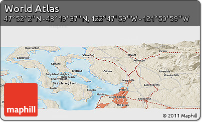 Shaded Relief Panoramic Map of the Area around 48° 5' 50" N, 122° 19' 29" W