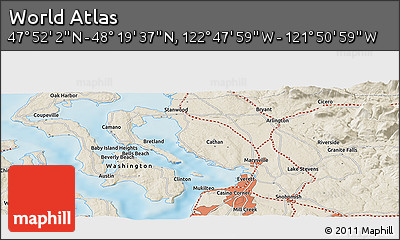 Shaded Relief Panoramic Map of the Area around 48° 5' 50" N, 122° 19' 29" W