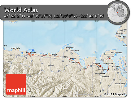 Shaded Relief Map of the Area around 48° 5' 50" N, 123° 10' 30" W
