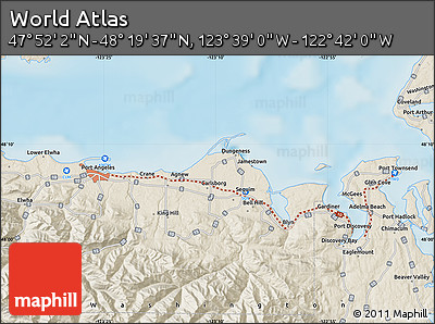 Shaded Relief Map of the Area around 48° 5' 50" N, 123° 10' 30" W