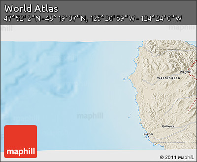 Shaded Relief 3D Map of the Area around 48° 5' 50" N, 124° 52' 30" W