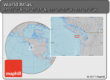 Gray Location Map of the Area around 48° 5' 50" N, 124° 52' 30" W, hill shading