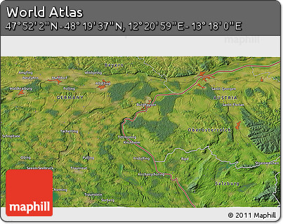 Satellite 3D Map of the Area around 48° 5' 50" N, 12° 49' 29" E