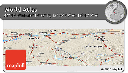 Shaded Relief Panoramic Map of the Area around 48° 5' 50" N, 12° 49' 29" E