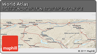 Shaded Relief Panoramic Map of the Area around 48° 5' 50" N, 12° 49' 29" E