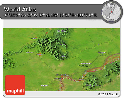 Satellite 3D Map of the Area around 48° 5' 50" N, 132° 40' 30" E