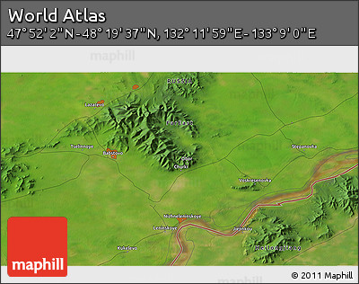 Satellite 3D Map of the Area around 48° 5' 50" N, 132° 40' 30" E