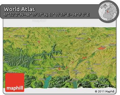Satellite 3D Map of the Area around 48° 5' 50" N, 13° 40' 30" E