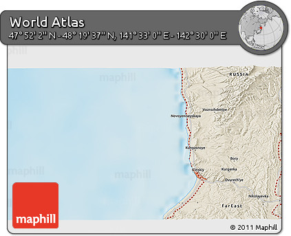 Shaded Relief 3D Map of the Area around 48° 5' 50" N, 142° 1' 30" E