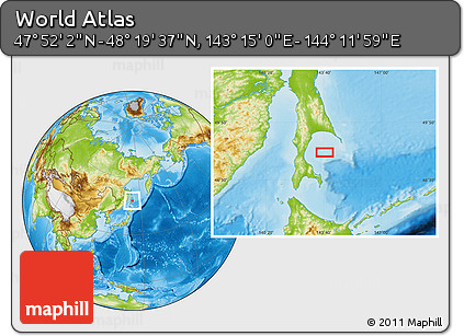 Physical Location Map of the Area around 48° 5' 50" N, 143° 43' 29" E