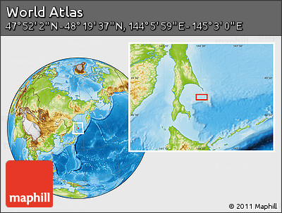 Physical Location Map of the Area around 48° 5' 50" N, 144° 34' 29" E