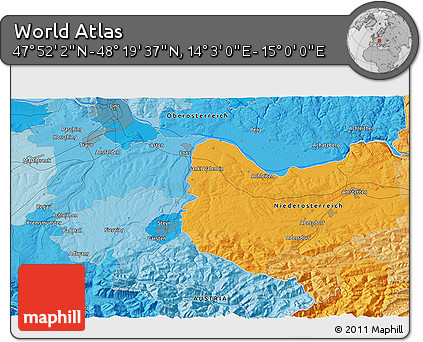 Political 3D Map of the Area around 48° 5' 50" N, 14° 31' 30" E