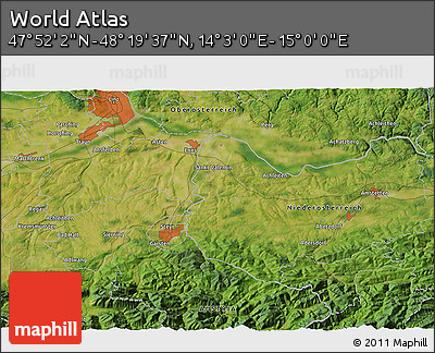Satellite 3D Map of the Area around 48° 5' 50" N, 14° 31' 30" E