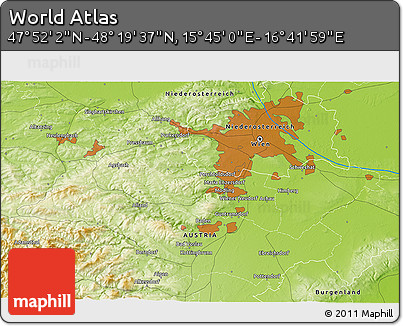 Physical 3D Map of the Area around 48° 5' 50" N, 16° 13' 30" E