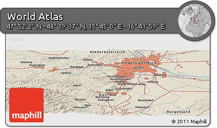 Shaded Relief Panoramic Map of the Area around 48° 5' 50" N, 16° 13' 30" E