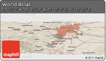 Shaded Relief Panoramic Map of the Area around 48° 5' 50" N, 16° 13' 30" E