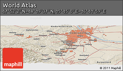 Shaded Relief Panoramic Map of the Area around 48° 5' 50" N, 16° 13' 30" E
