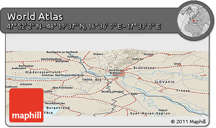 Shaded Relief Panoramic Map of the Area around 48° 5' 50" N, 17° 4' 30" E