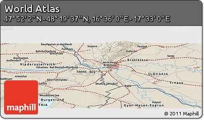 Shaded Relief Panoramic Map of the Area around 48° 5' 50" N, 17° 4' 30" E