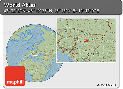Savanna Style Location Map of the Area around 48° 5' 50" N, 18° 46' 29" E, hill shading